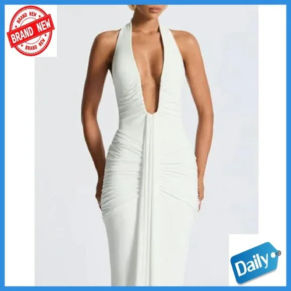 Deep V Neck Ruched Maxi Dress Formal Halter Gown Cocktail Evening - Picture 5 of 8